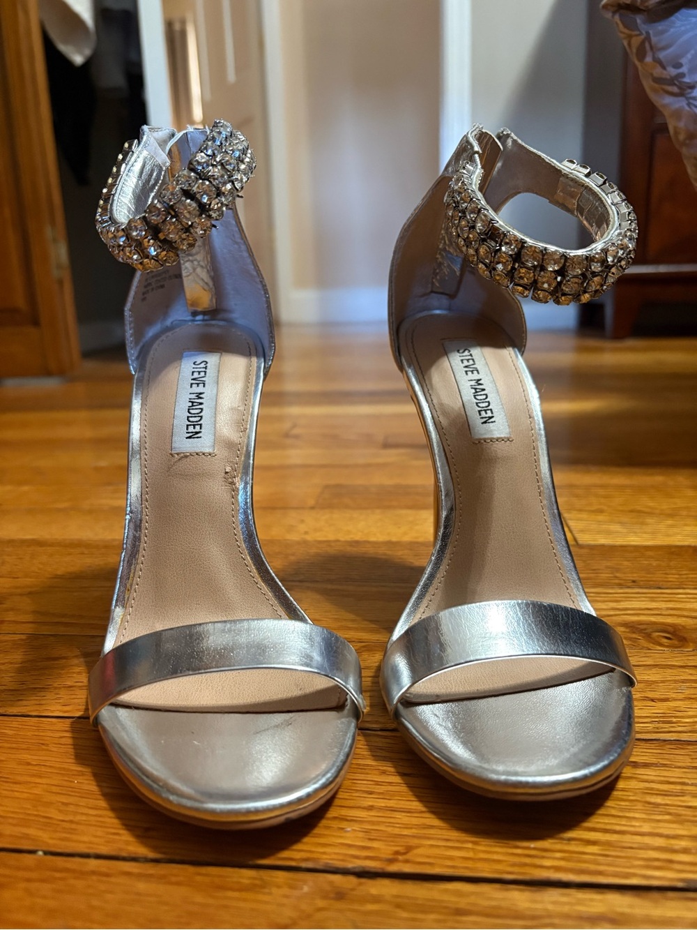 Steve Madden Silver Crystal-Ankle Strap Stiletto Heels